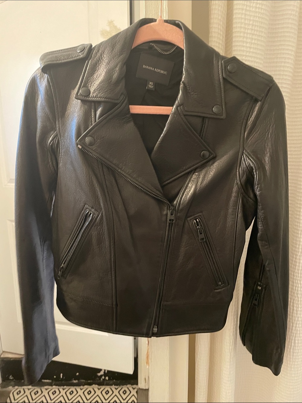 Banana Republic Black Leather Moto Jacket with Epaulets